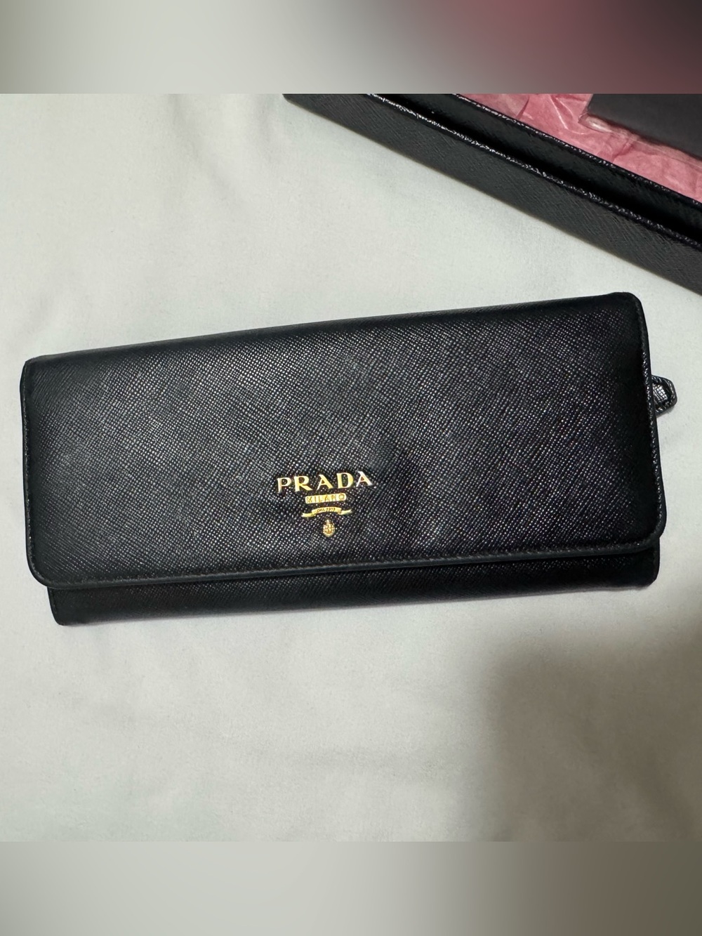 Prada Black Saffiano Long Wallet with Gold Logo Hardware